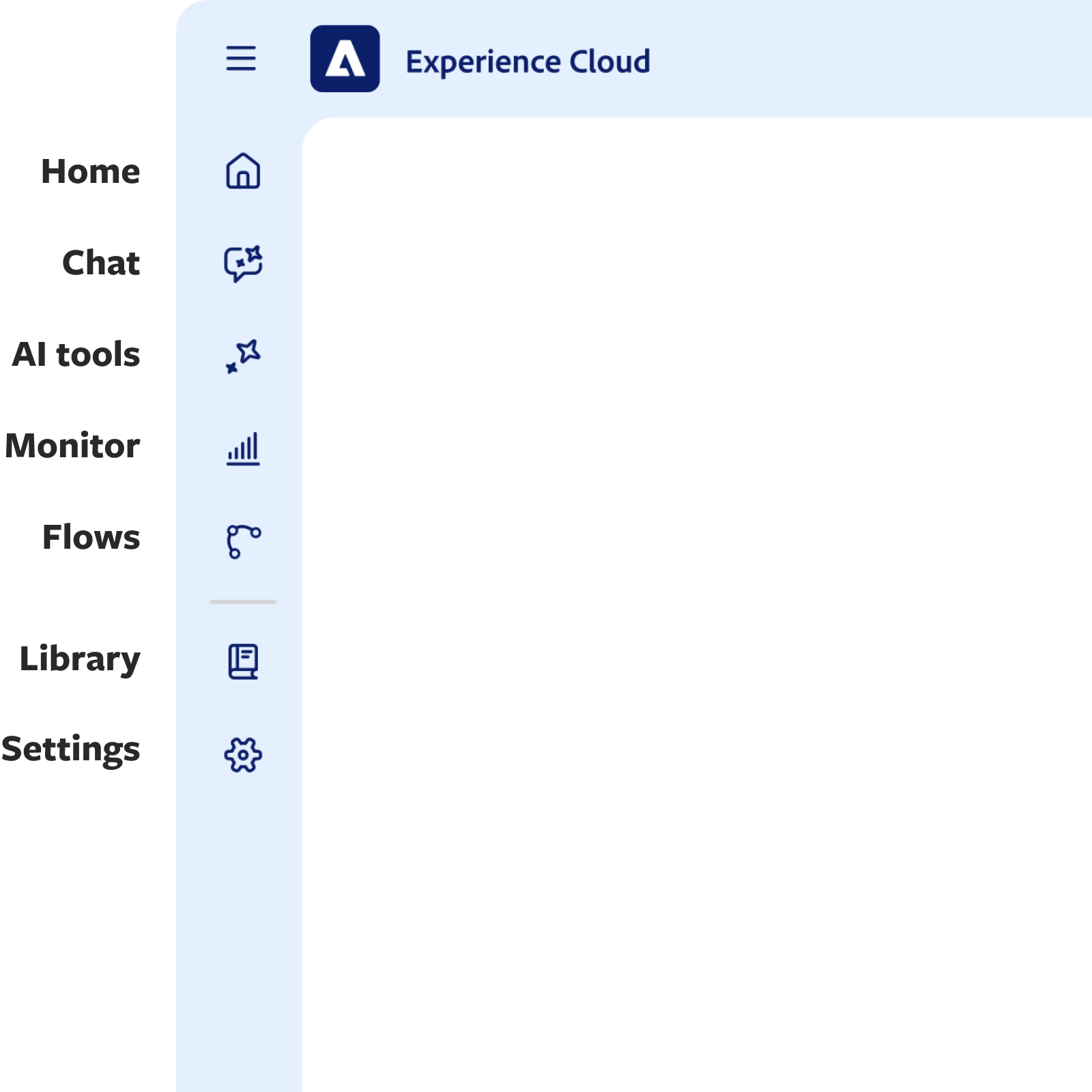 Experience Cloud AI hub — the unified surface we proposed, with Composer living in Flows alongside Chat, AI tools, Monitor, Library