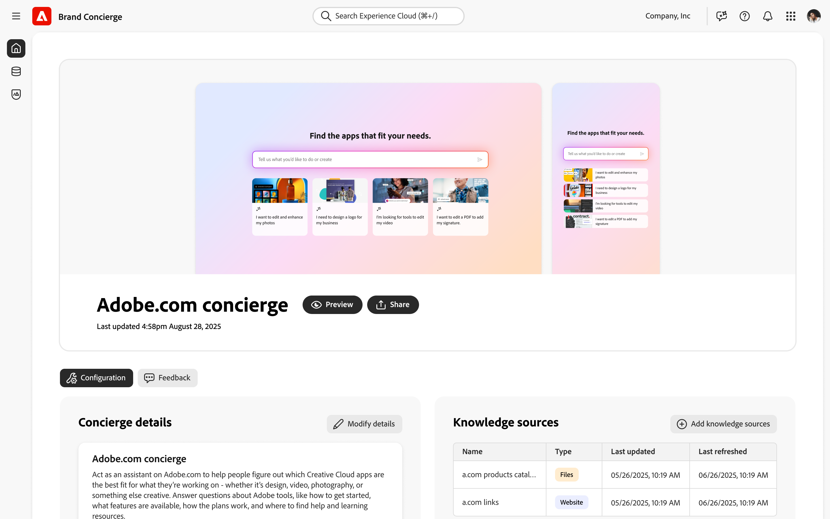 Brand Concierge MVP design-time editor — Adobe.com concierge admin