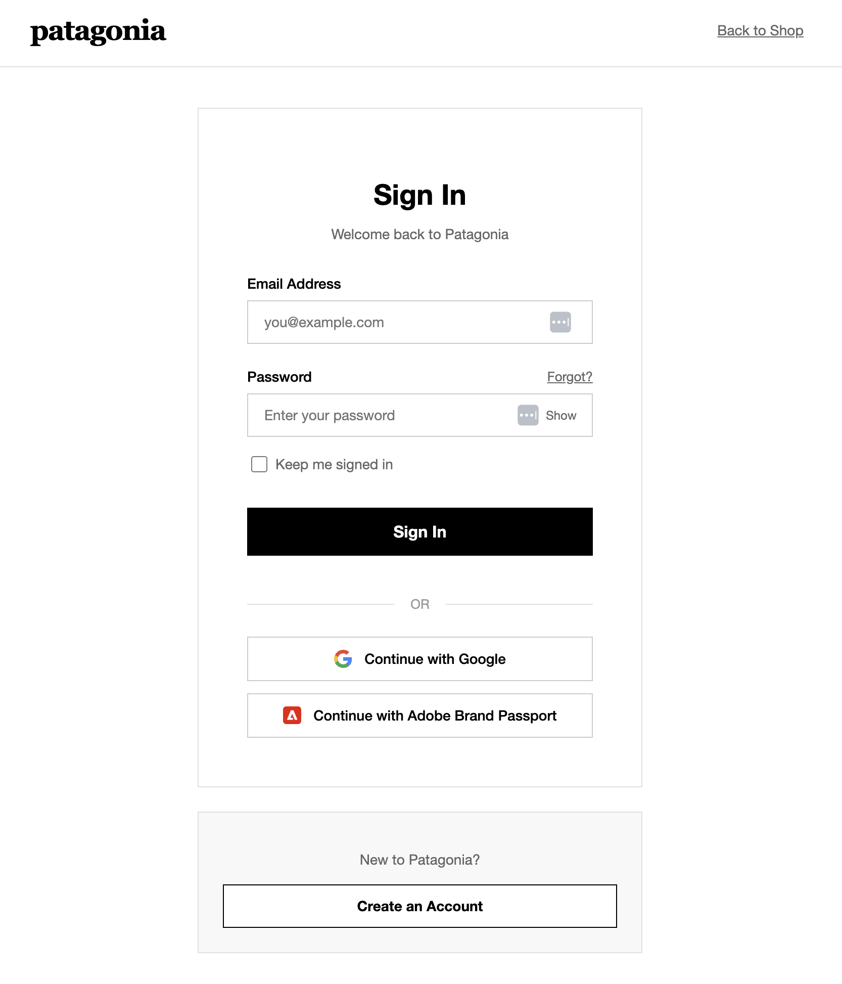Patagonia sign-in offering Continue with Adobe Brand Passport alongside email and Google