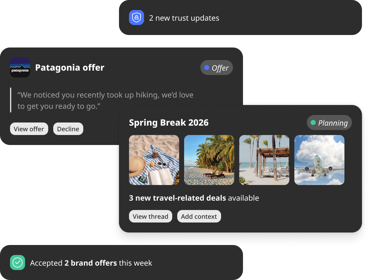 Personal agent surfaces Patagonia offer, planning thread, and brand trust updates on behalf of the user