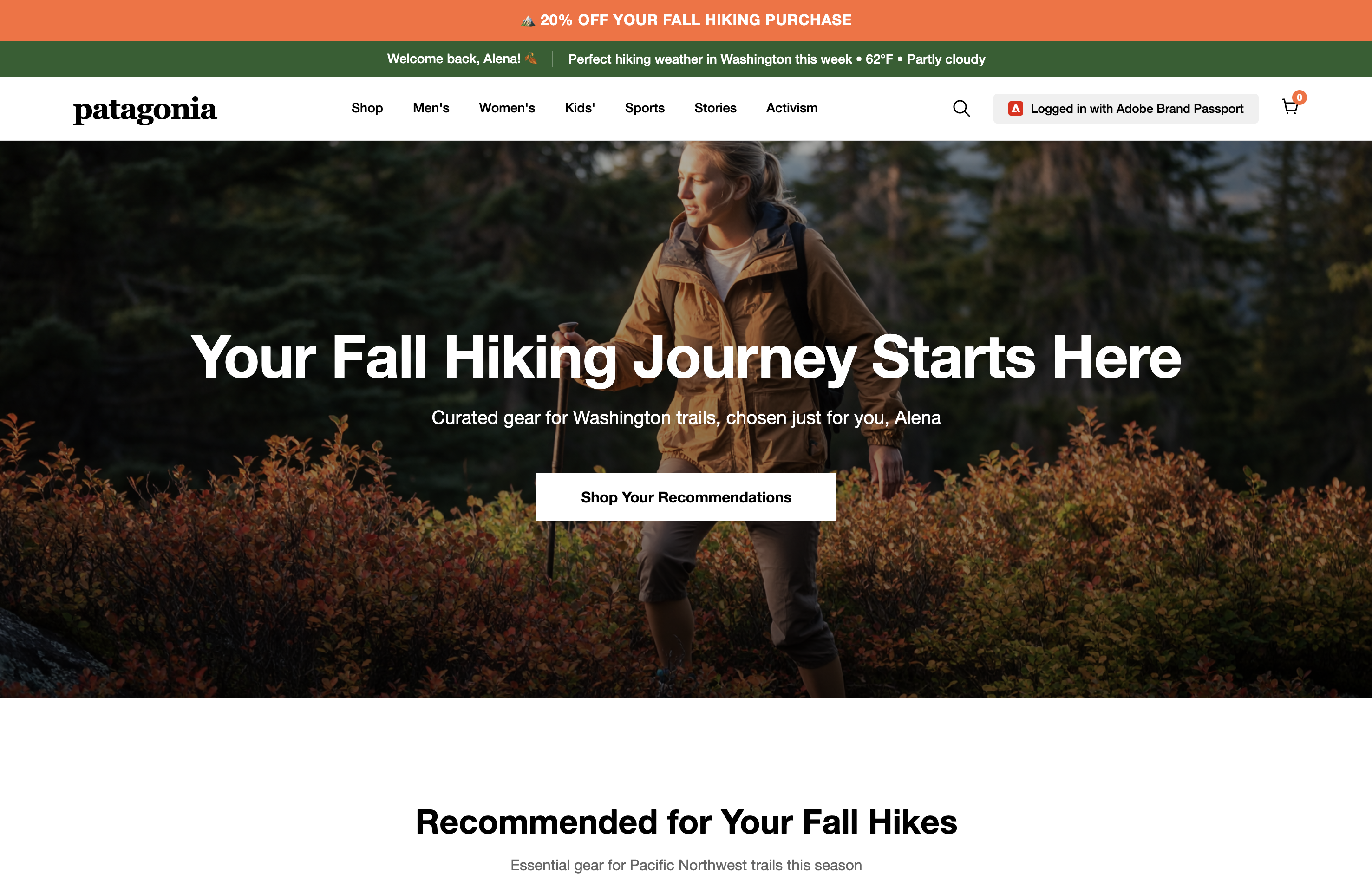 Patagonia homepage personalized for Alena — Washington trails, fall weather, curated recommendations