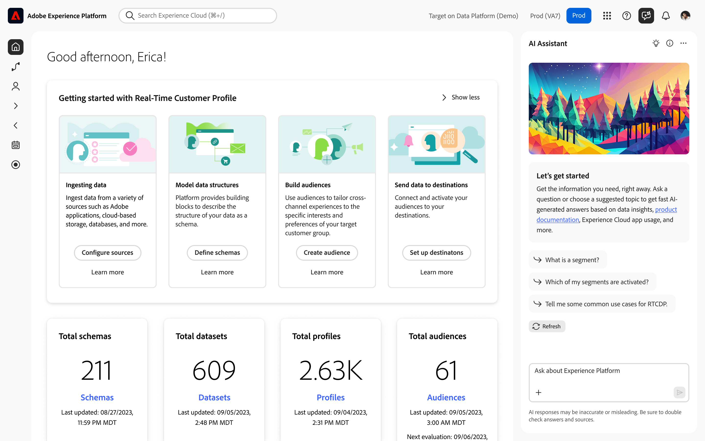 Adobe Experience Platform home screen with the first-generation AI Assistant rail open on the right.