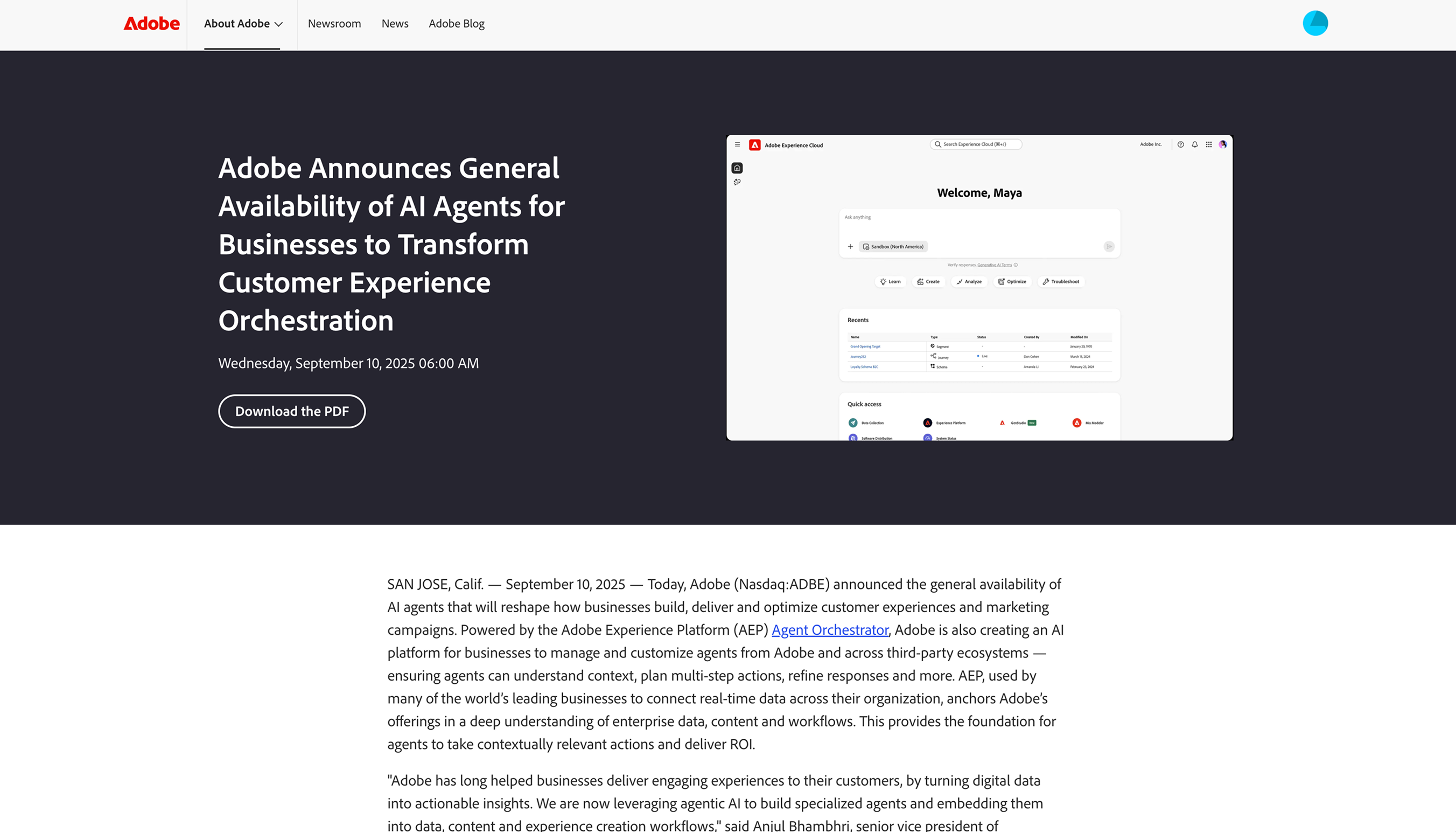 Adobe press release: General Availability of AI Agents for Adobe Experience Cloud