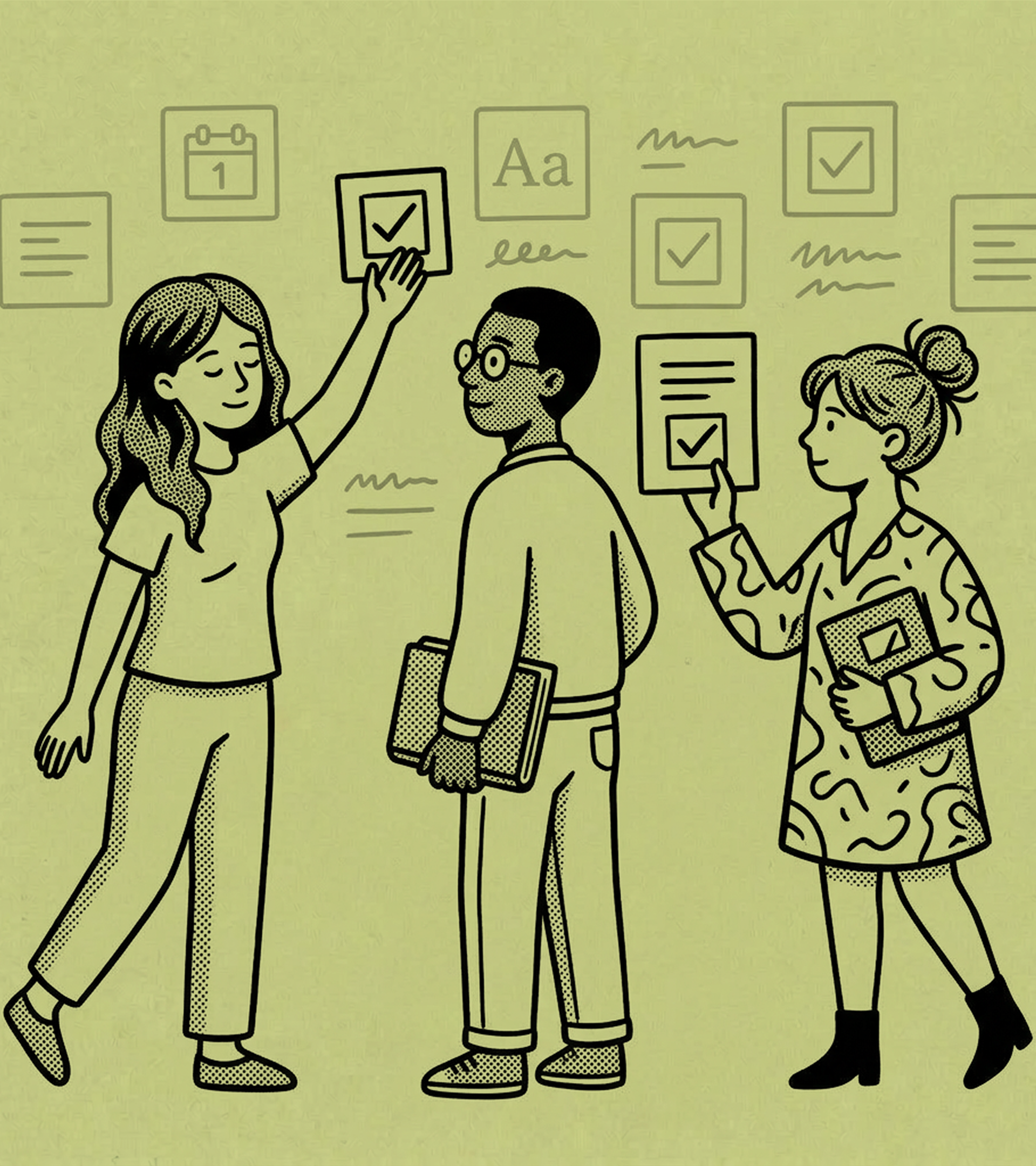 Illustration: three colleagues posting checklists and notes on a wall