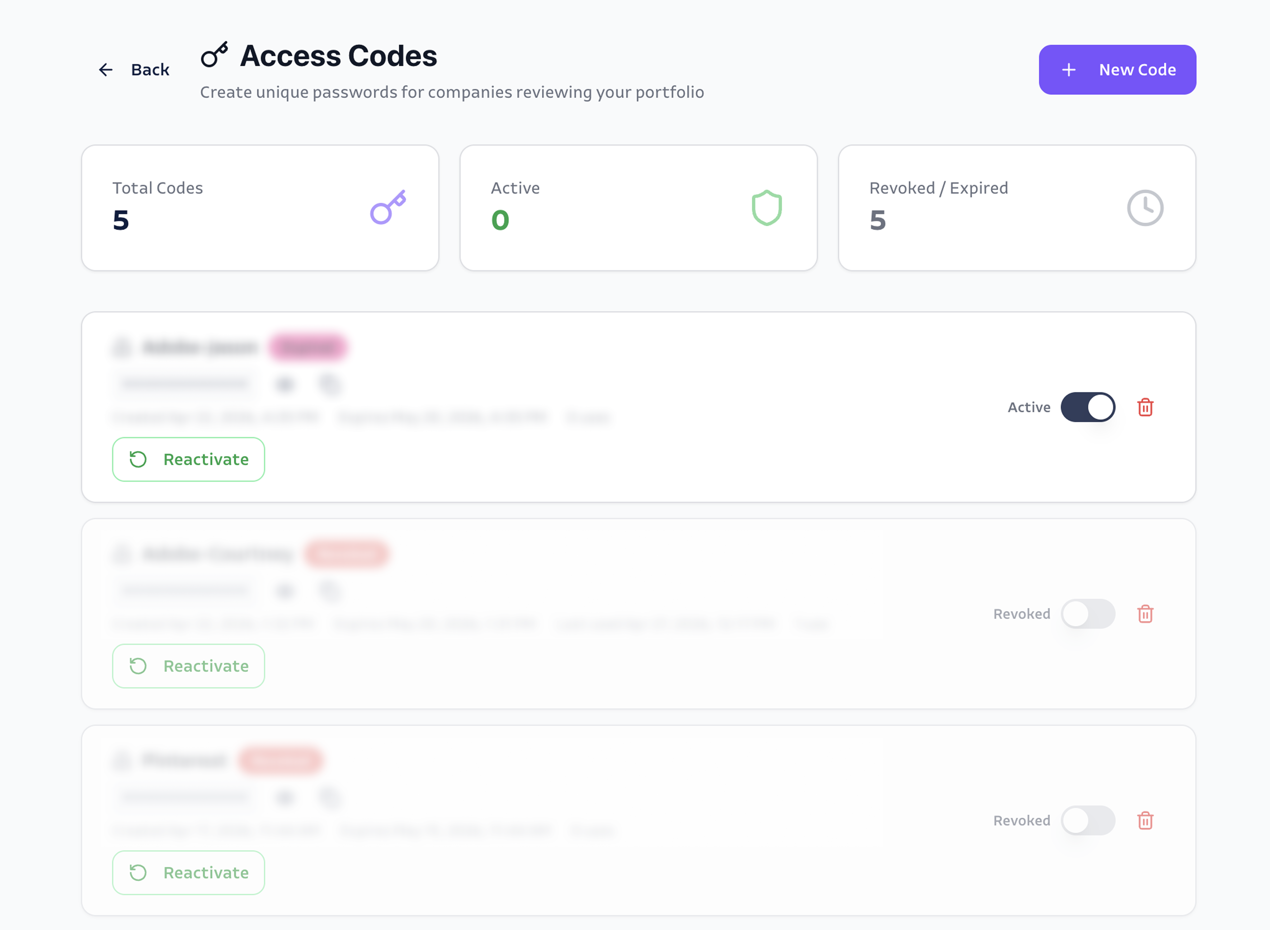Access Codes admin — total/active/revoked counts, per-company codes with reactivate and revoke controls
