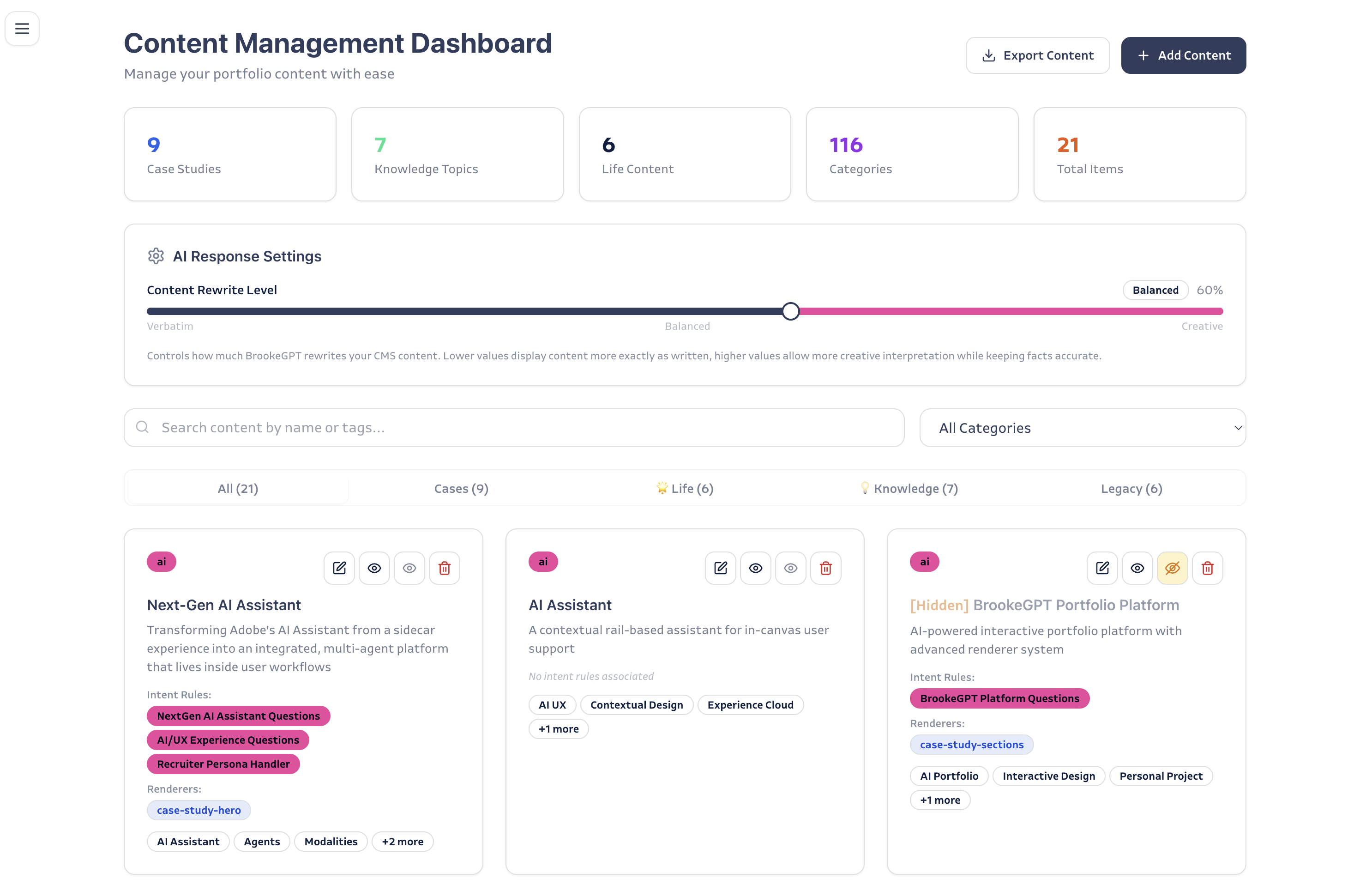 Content Management Dashboard — case studies, knowledge topics, life content, with an AI rewrite level slider