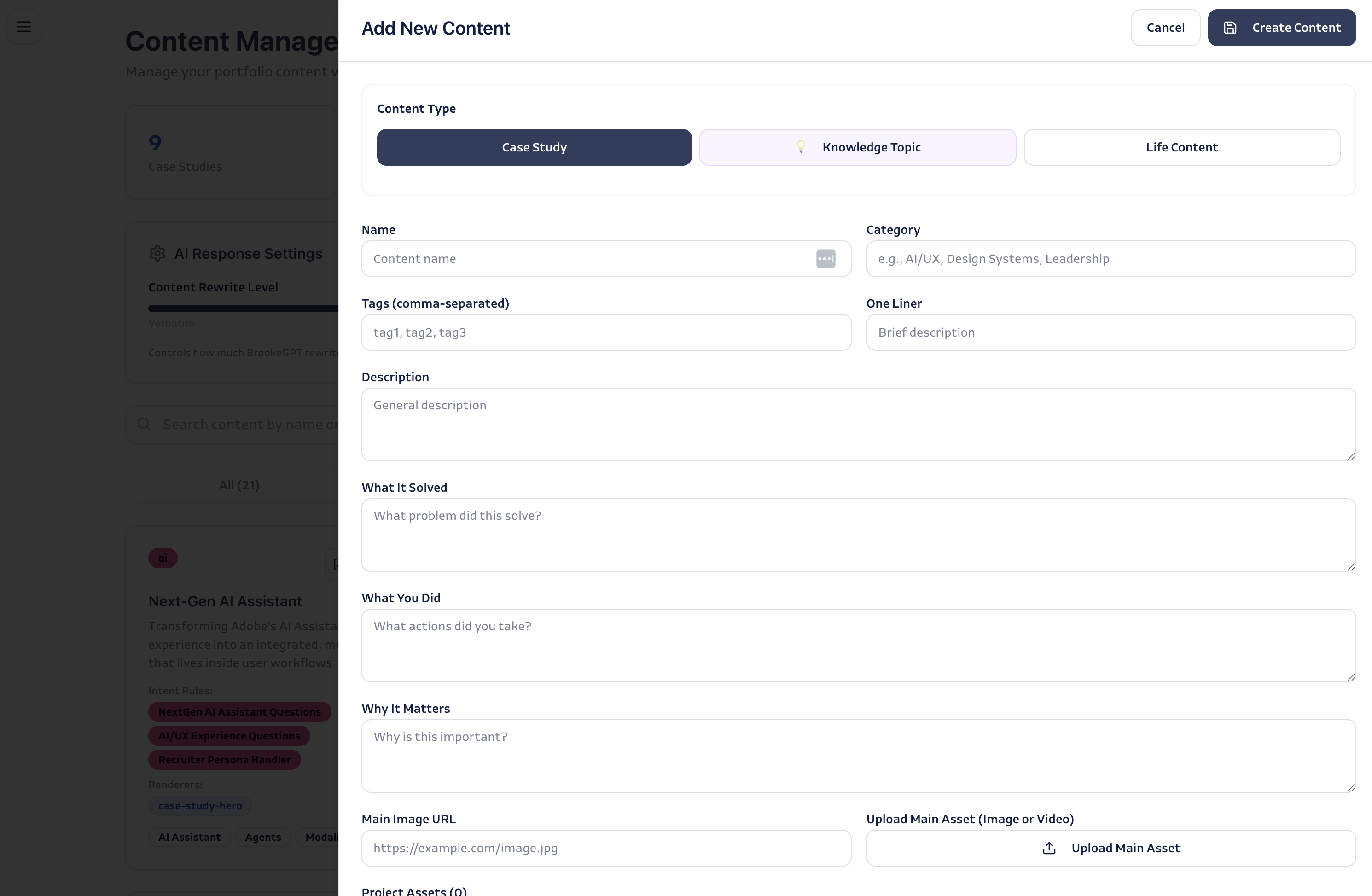 Add New Content drawer — content type, name, category, what it solved, what you did, why it matters, asset upload