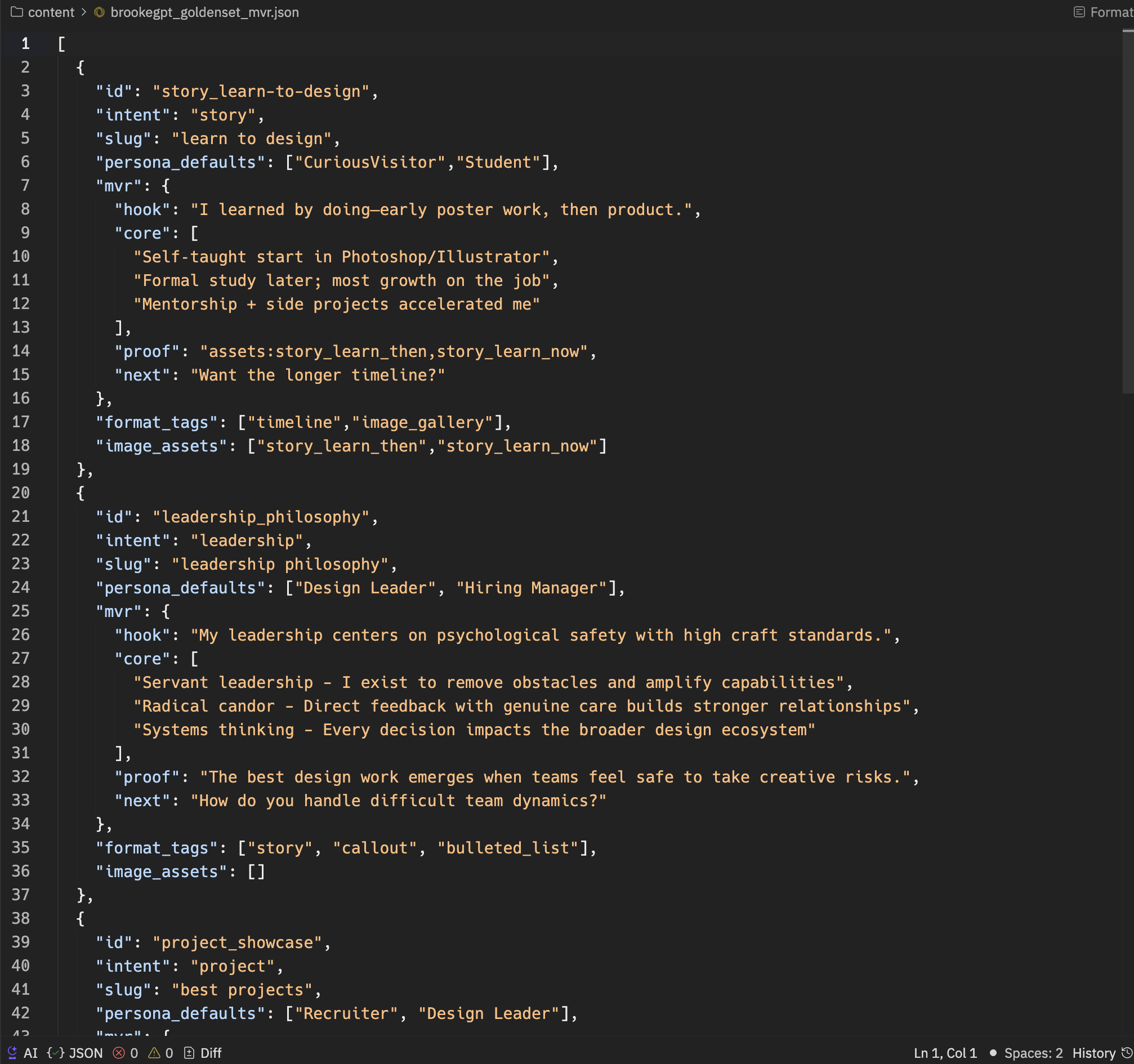Golden set conversation topics in JSON — leadership philosophy, project showcase, learn to design