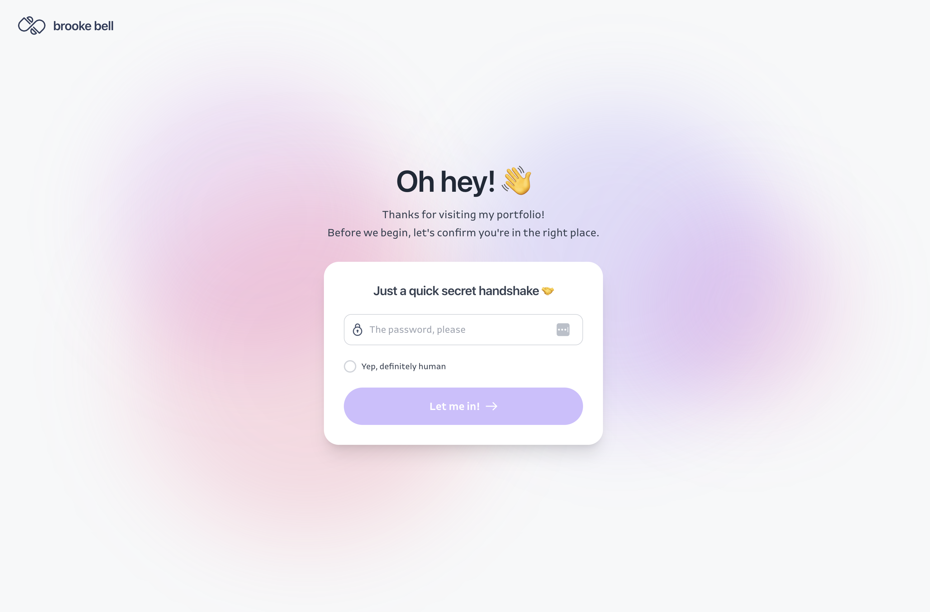 brookebell.ai landing page with password gate — Oh hey, just a quick secret handshake