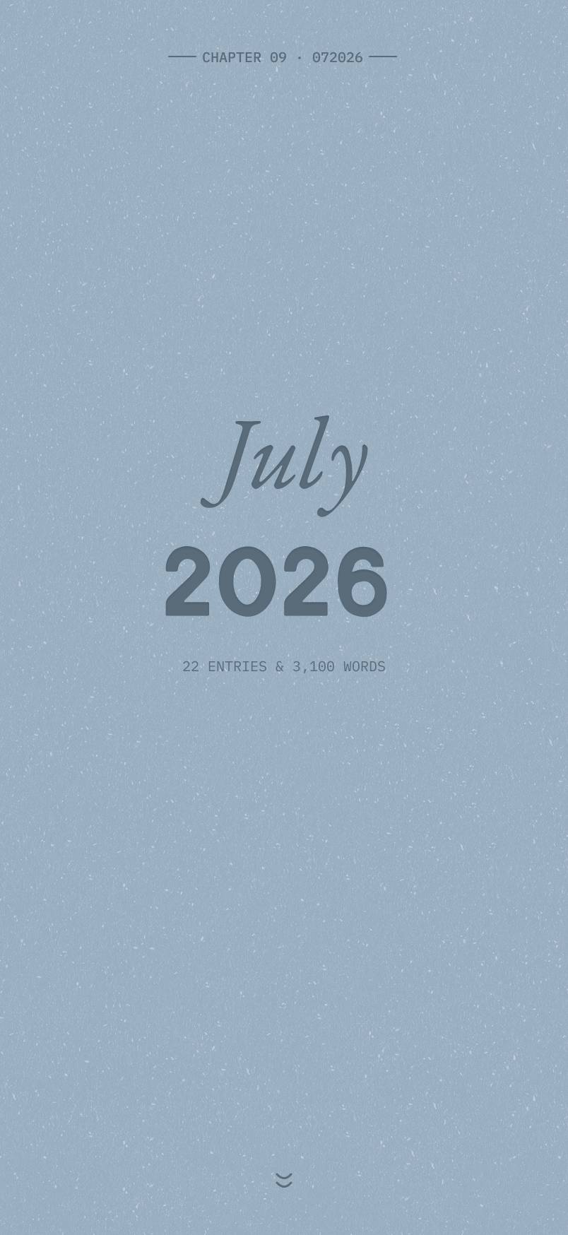 July chapter cover, blue speckled paper, 22 entries and 3,100 words