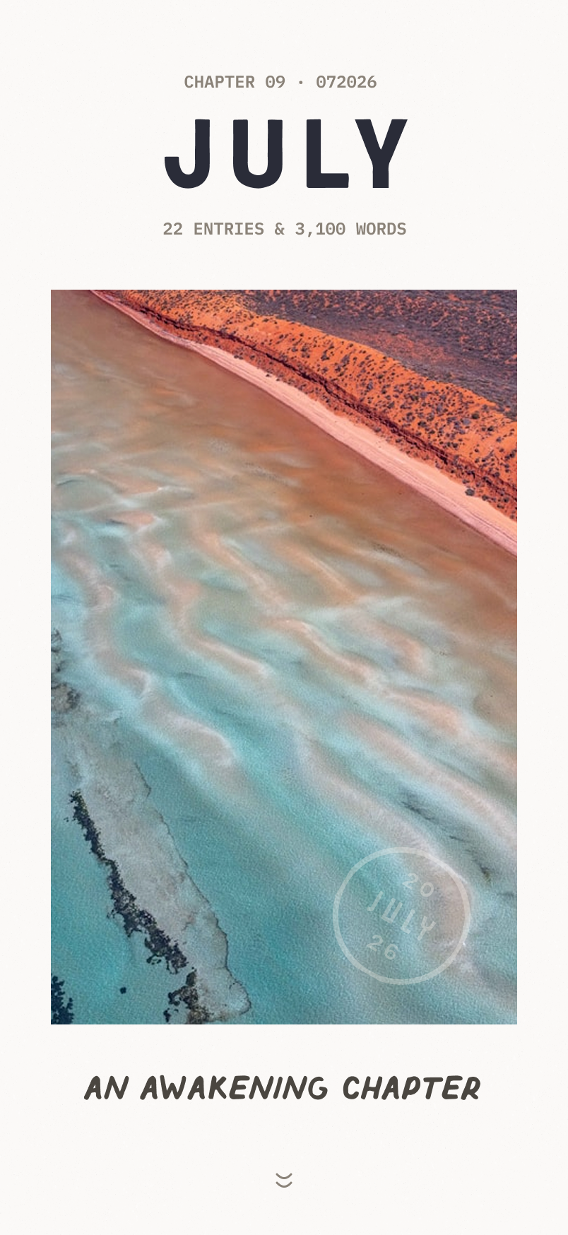 July chapter cover, beach aerial, an awakening chapter