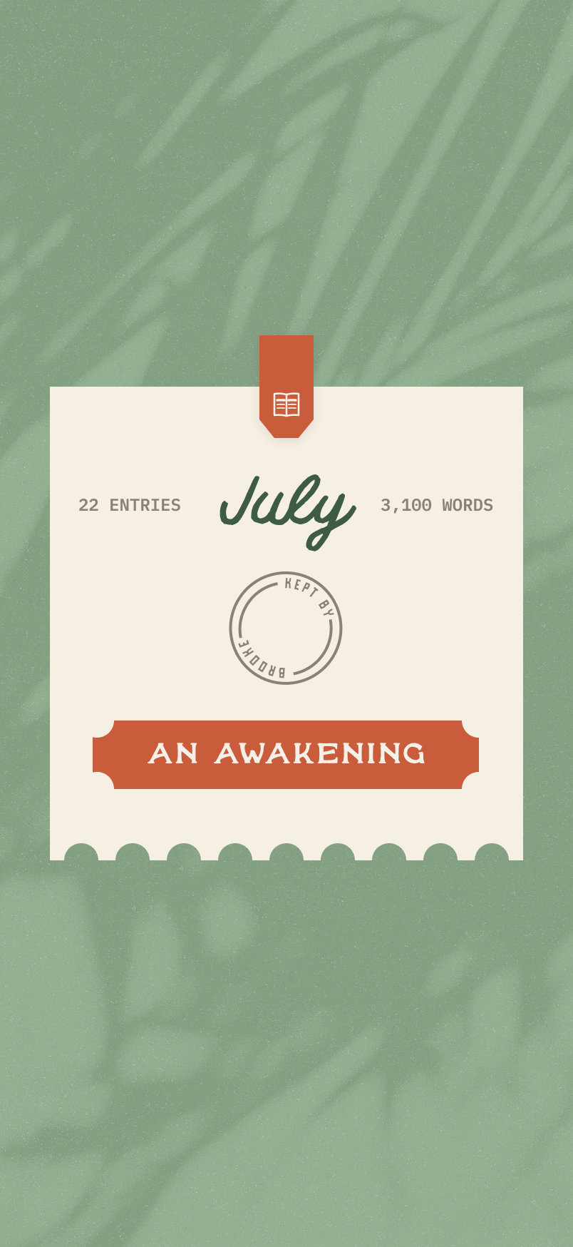 July chapter cover, vintage stamp on palm shadow, kept by Brooke