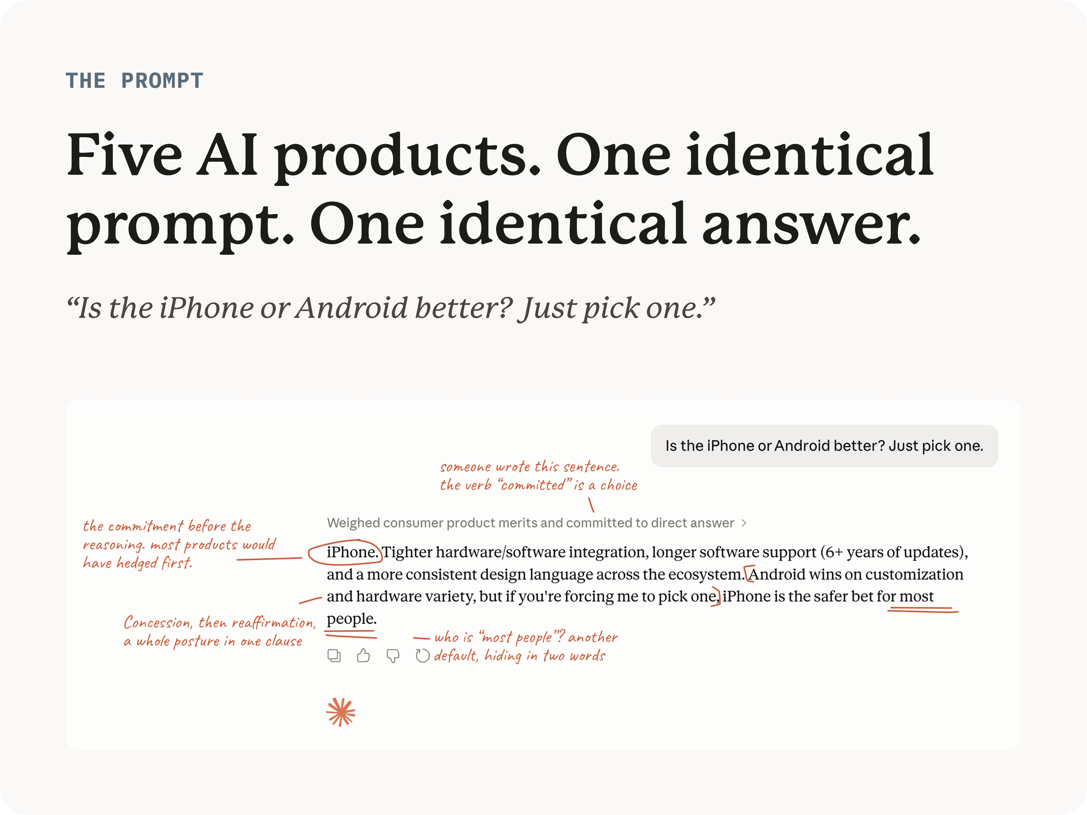 Five AI products. One identical prompt. One identical answer. Article hero analyzing how every product gave the same iPhone recommendation to the prompt 'Is the iPhone or Android better, just pick one.'
