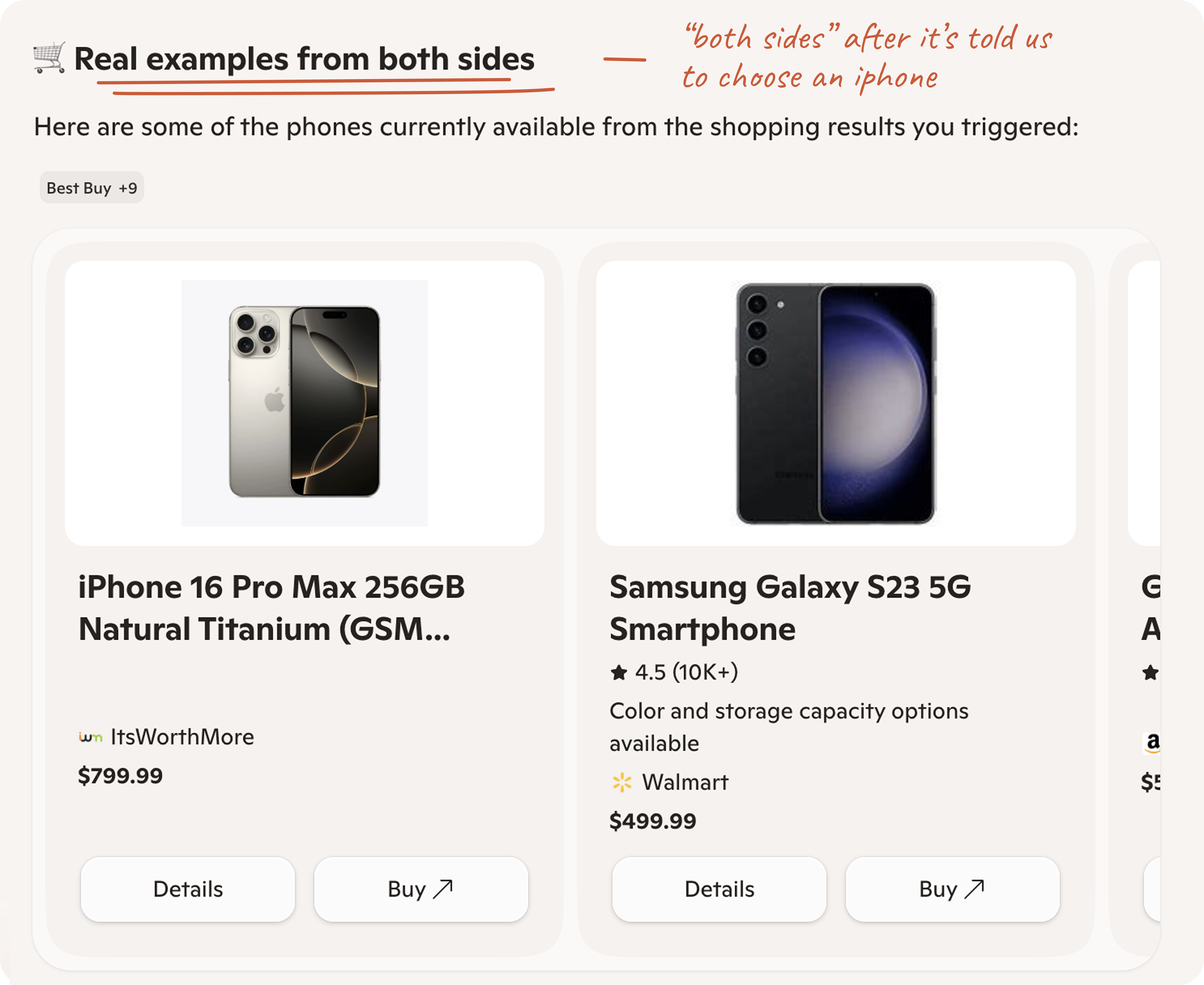Annotated shopping section showing the rhetorical contradiction of 'Real examples from both sides' appearing after the AI recommended iPhone